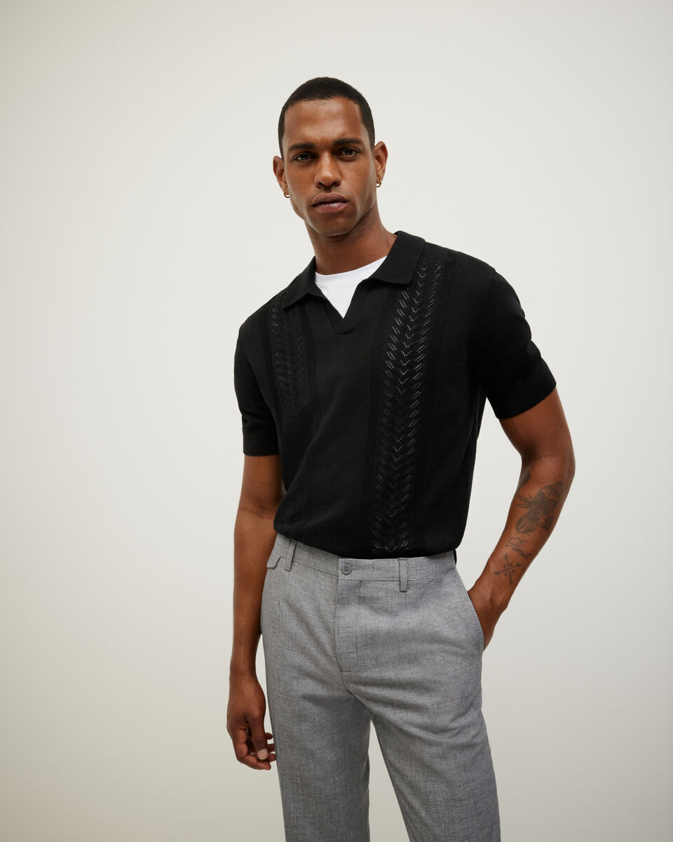 Pointelle Panelled Trophy Neck Knit, Black, hi-res